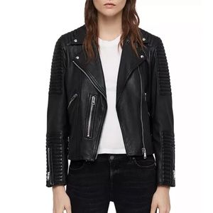 EUC AllSaints Estella Biker Jacket Size 8 Black Lamb Leather Quilted Panel